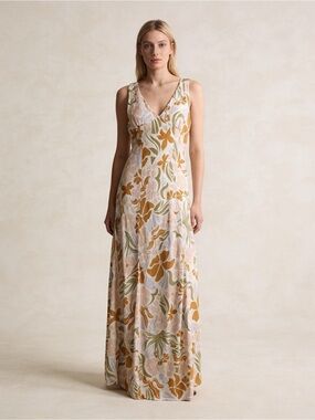 Paper Heart Floral Linen Blend Maxi Dress XS Boho Sleeveless V Neck Cottagecore